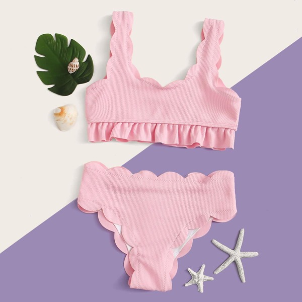 

Girls Scallop Trim High Waisted Bikini Swimsuit, Pink