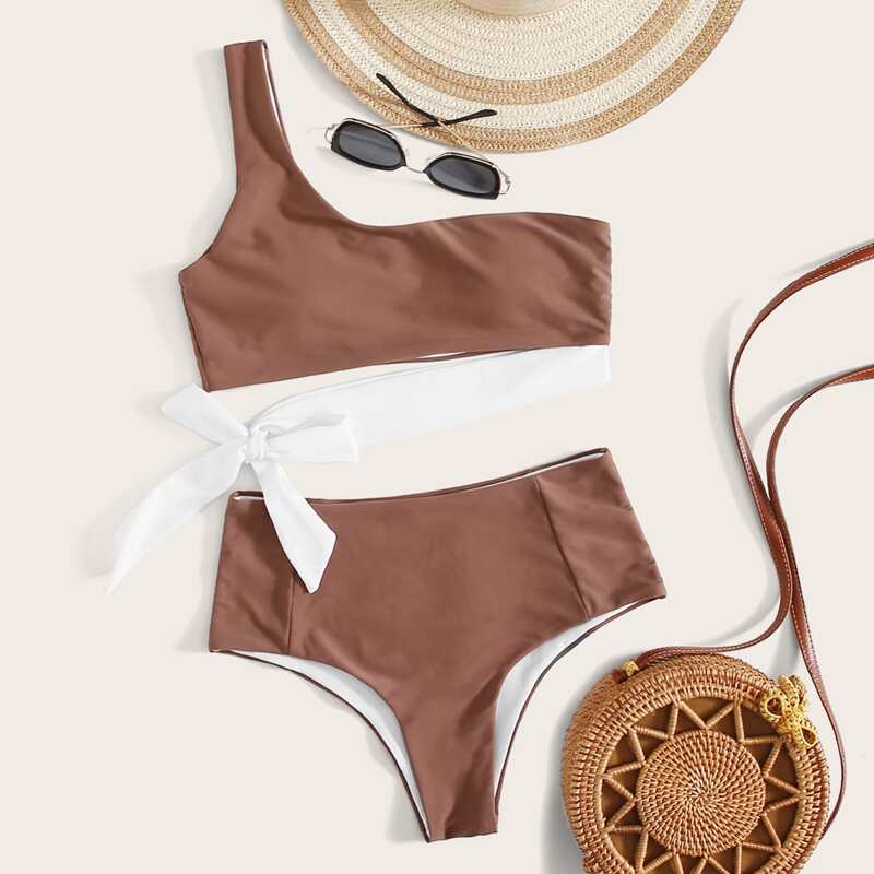 

One Shoulder High Waisted Bikini Swimsuit, Brown