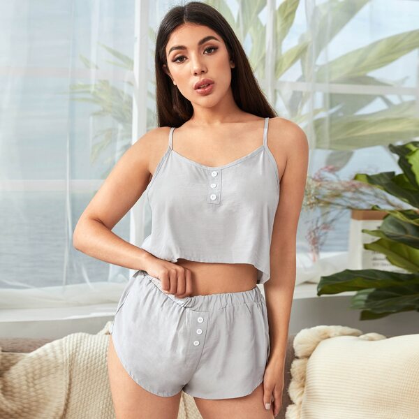 

Cami Crop Top With Button Detail Shorts, Grey