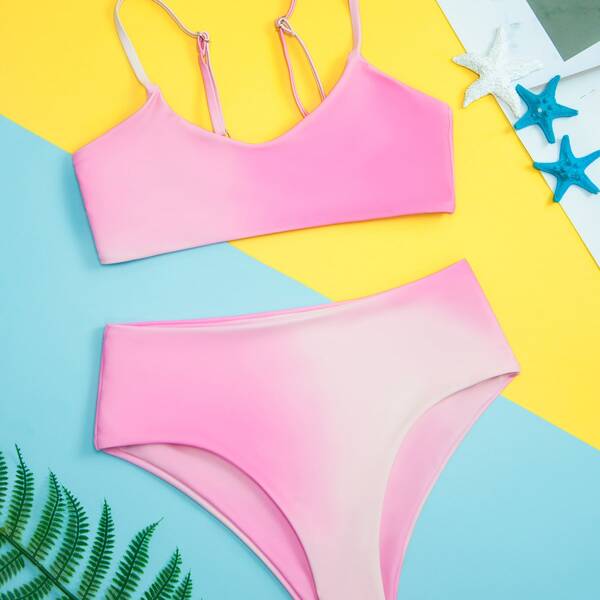 

Girls Plain High Waisted Bikini Swimsuit, Pink
