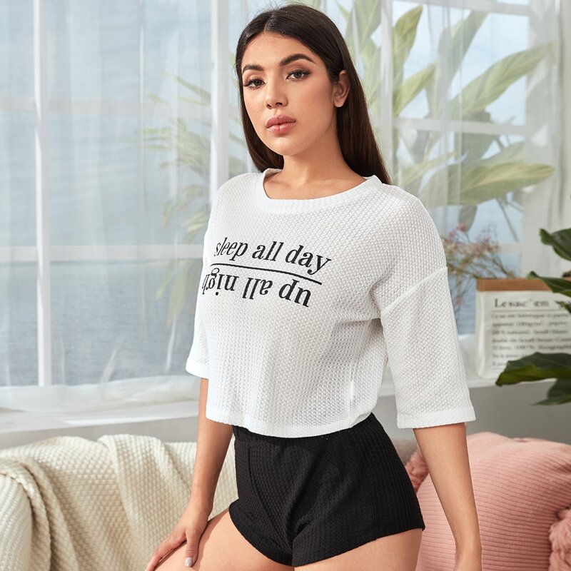 

Slogan Graphic Half Sleeve PJ Set, Black and white