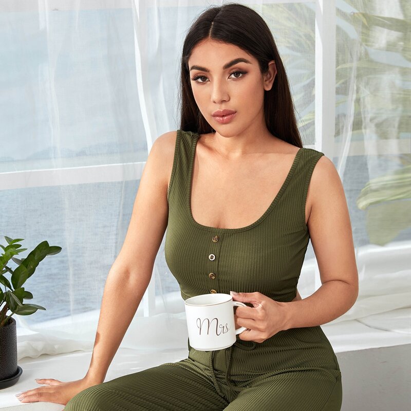 

Button Through Tie Front Rib-knit PJ Set, Army green