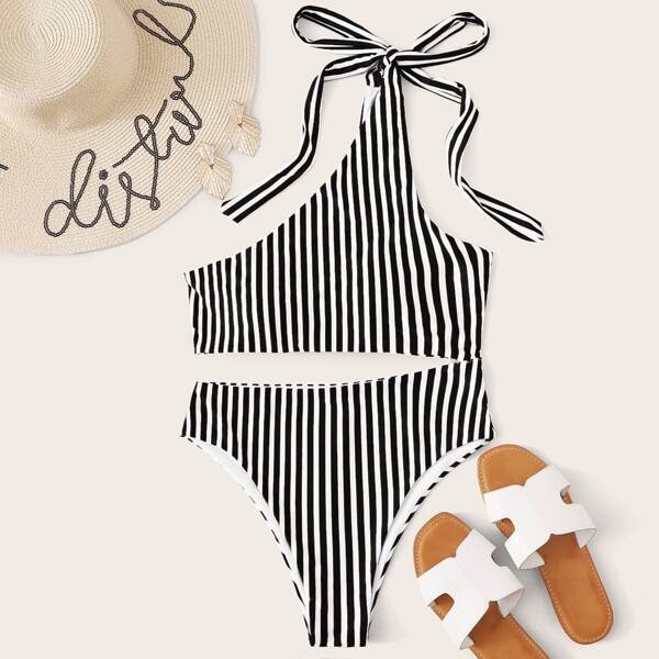

Striped Cut-out One Shoulder One Piece Swimsuit, Black and white