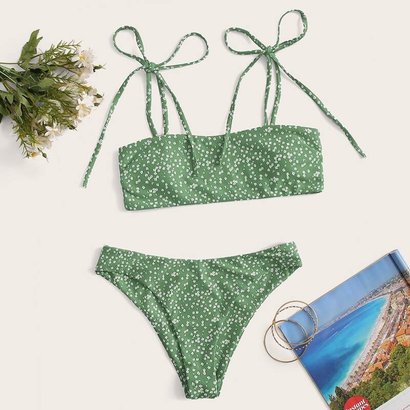 

Ditsy Floral Tie Shoulder Bikini Swimsuit, Green