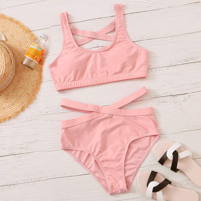 

Criss Cross Back High Waisted Bikini Swimsuit, Pink