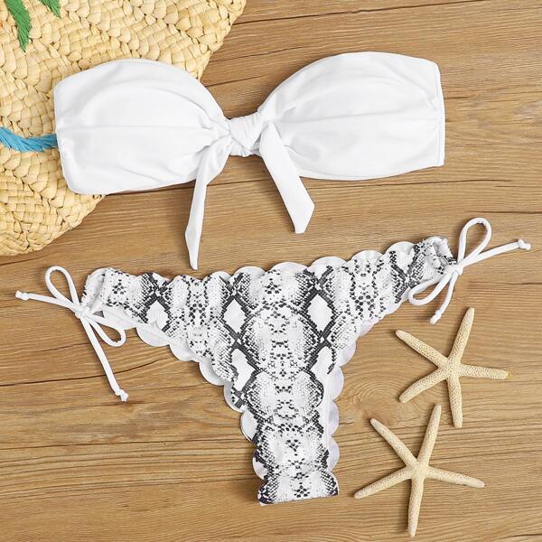 

Snakeskin Knot Front Bandeau Tie Side Bikini Swimsuit, Multicolor