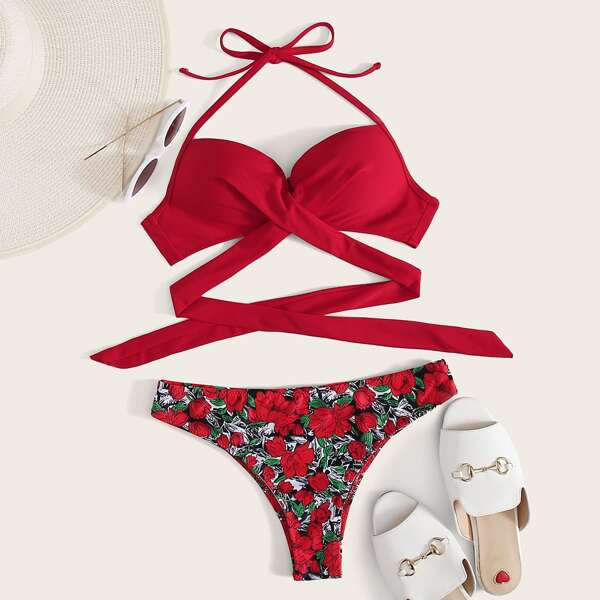 

Floral Twist Front Wrap Underwire Bikini Swimsuit, Red