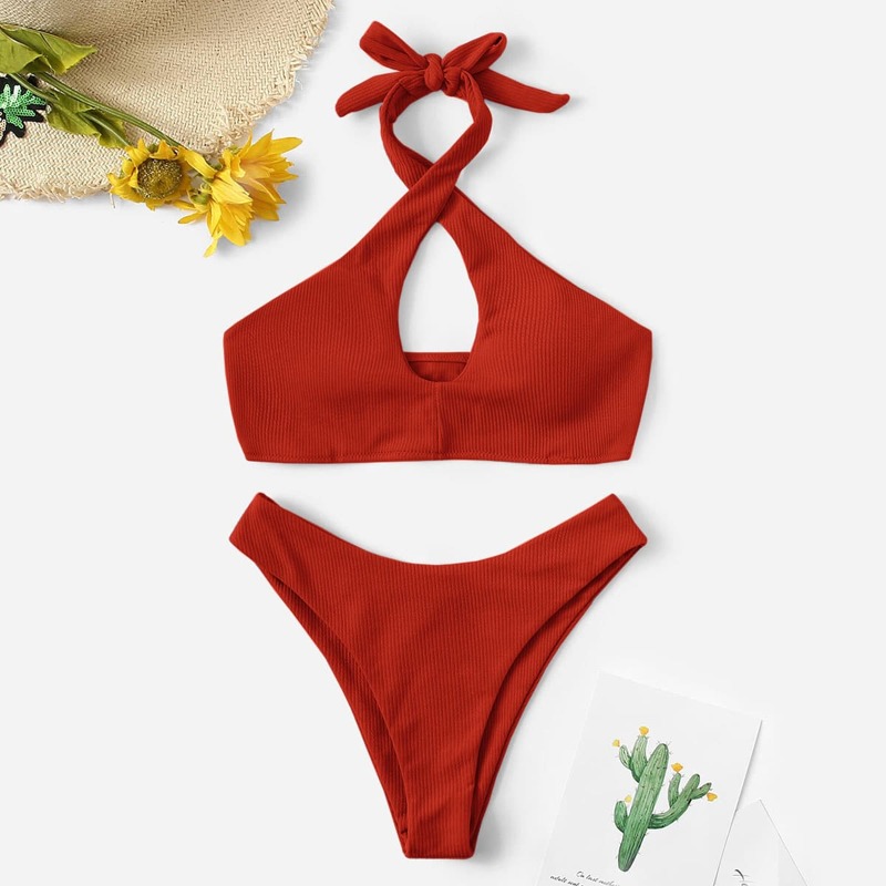 

Ribbed Cross Halter High Cut Bikini Swimsuit, Red