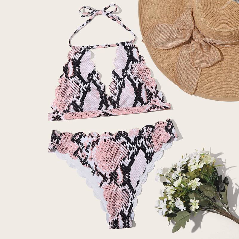 

Snakeskin Scallop Halter Triangle Bikini Swimsuit, Multicolor