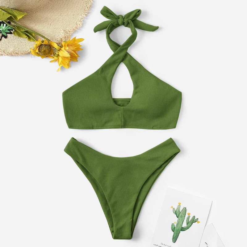 

Ribbed Cross Halter High Cut Bikini Swimsuit, Green