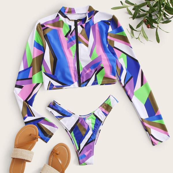 

Geo Print Zip Front High Leg Bikini Swimsuit, Multicolor