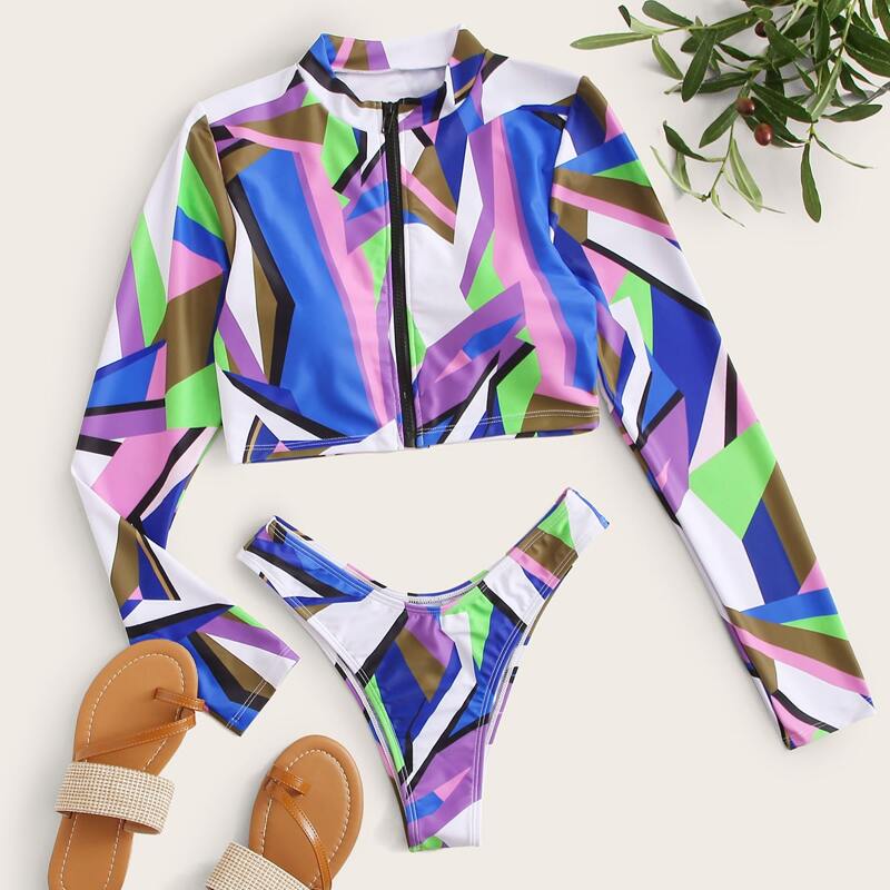 

Geo Print Zip Front High Leg Bikini Swimsuit, Multicolor