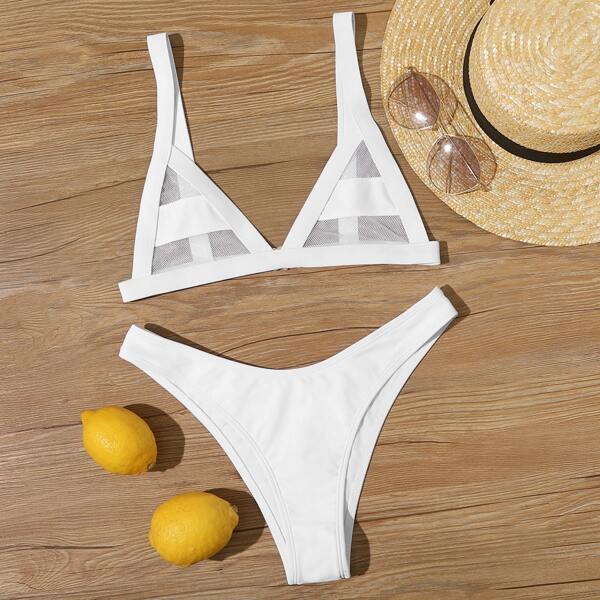 

Contrast Mesh Triangle High Cut Bikini Swimsuit, White