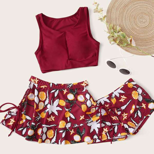 

3pack Floral Lace-up Skirt Co-ord Bikini Swimsuit, Burgundy