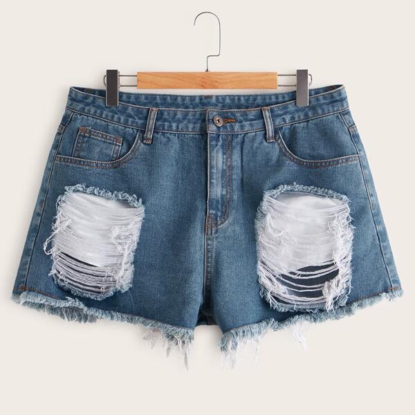 

Plus Ripped Raw Hem Denim Shorts, Blue