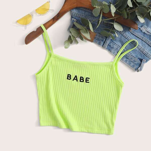 

Letter Embroidered Rib-knit Cami Top, Green