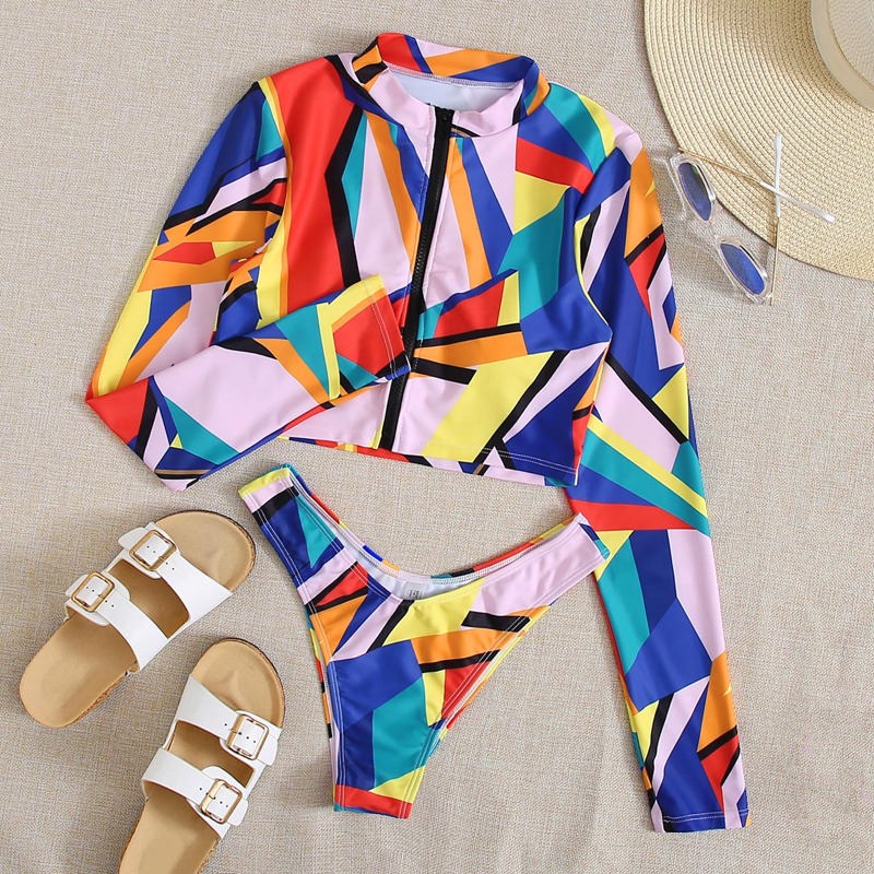 

Geo Print Zip Front High Leg Bikini Swimsuit, Multicolor