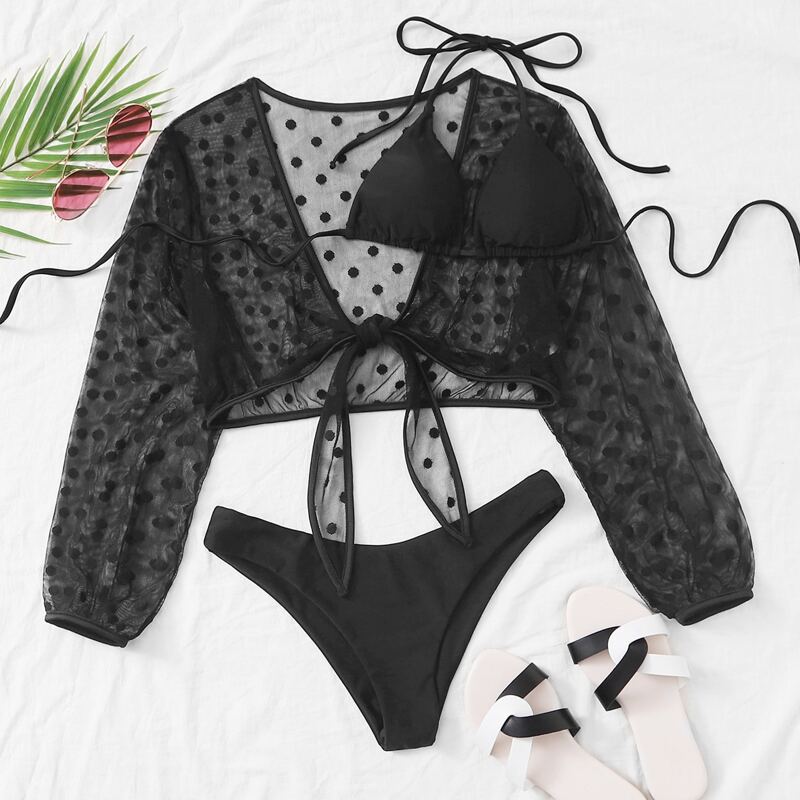 

3pack Dobby Mesh Triangle Co-ord Bikini Swimsuit, Black