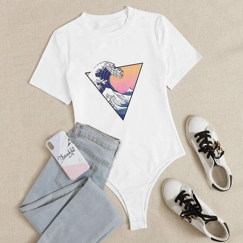 

Wave Graphic Tee Bodysuit, White