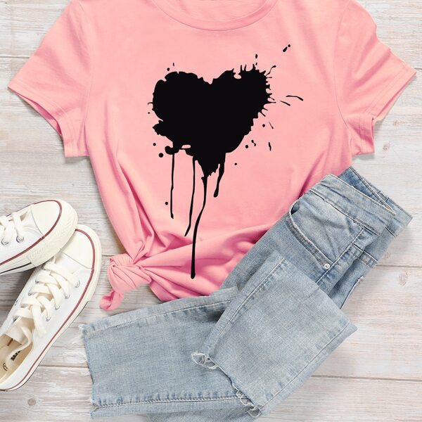 

Plus Heart And Paint Drip Print Tee, Pink