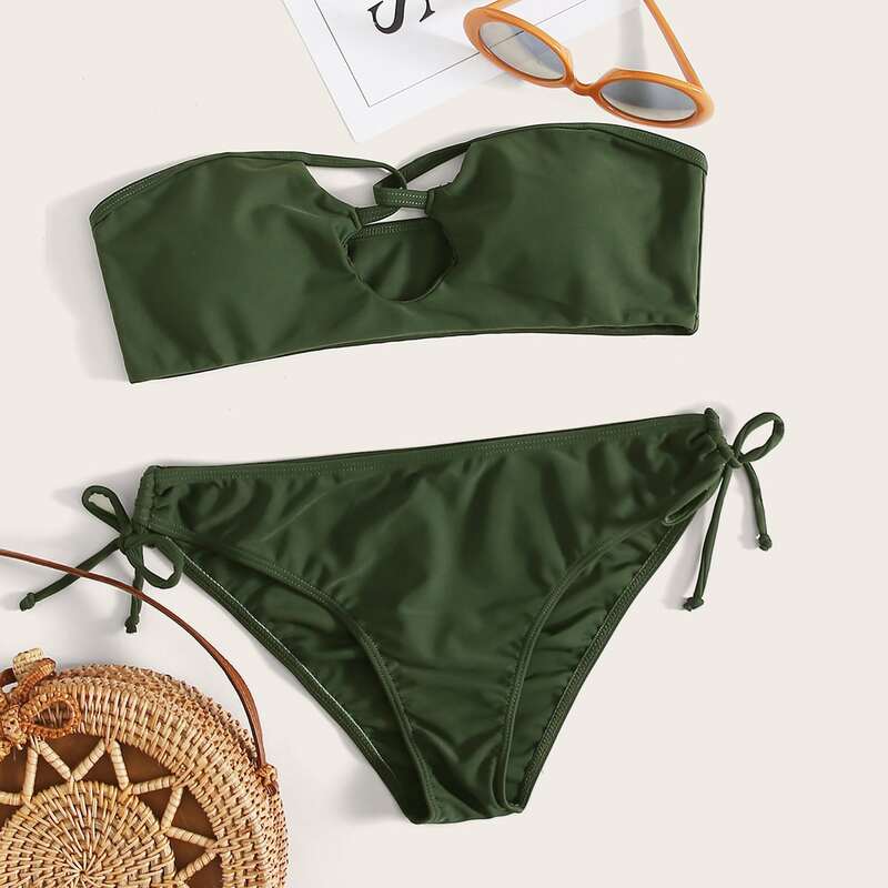 

Cut-out Front Bandeau Tie Side Bikini Swimsuit, Army green