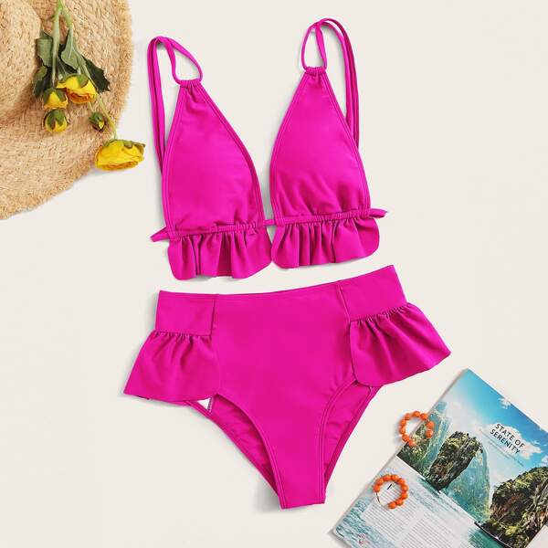 

Ruffle Trim High Waisted Bikini Swimsuit, Pink