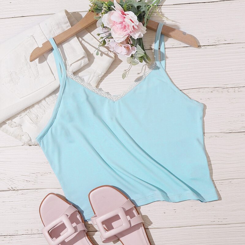 

Lace Trim Crop Blue Cami