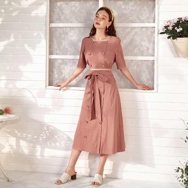 

Double Breasted Top & Belted Skirt, Pink