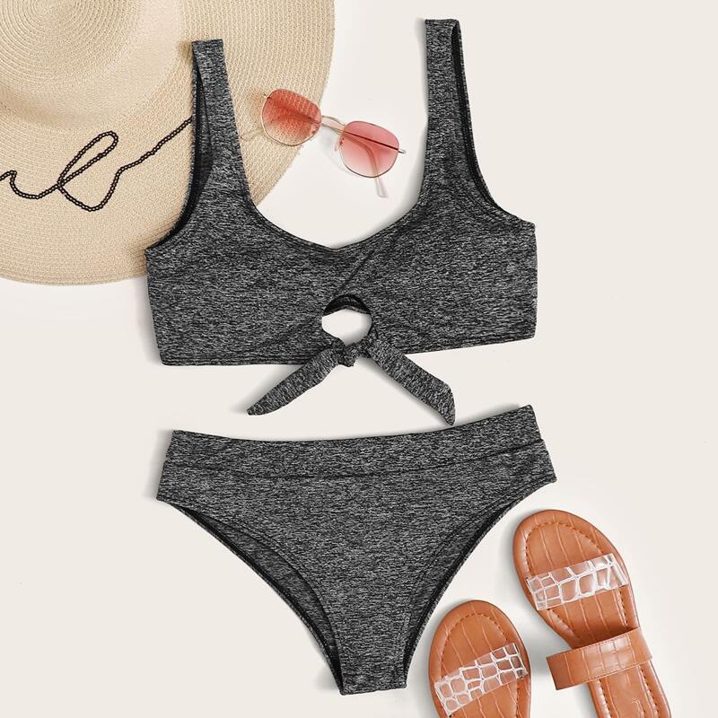 

Cut-out Knot Front Bikini Swimsuit, Grey
