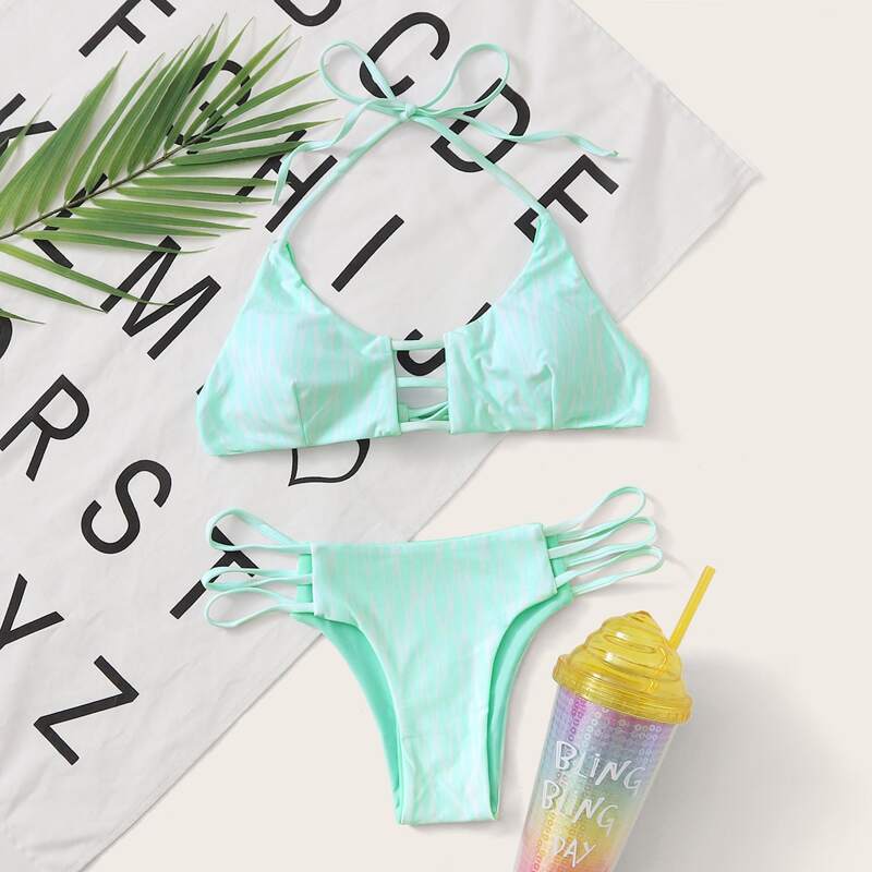 

Ladder Cut-out Halter Bikini Swimsuit, Green