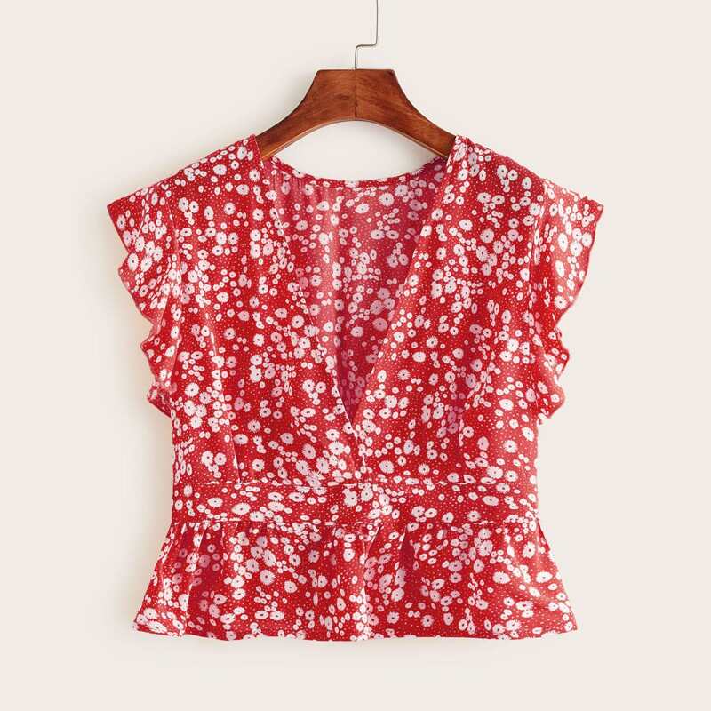 

Chiffon Ditsy Floral Peplum Blouse, Red