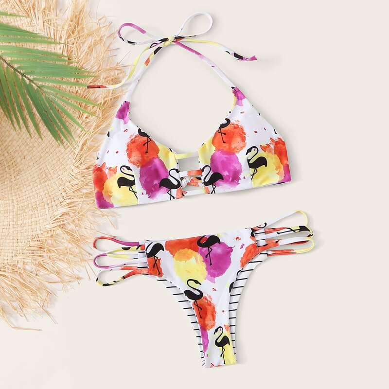 

Flamingo Print Ladder Cut-out Bikini Swimsuit, Multicolor