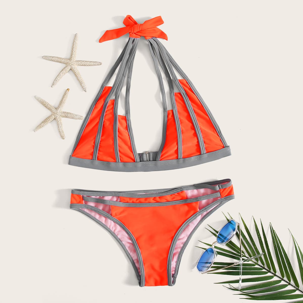 

Colorblock Cut-out Halter Bikini Swimsuit, Multicolor
