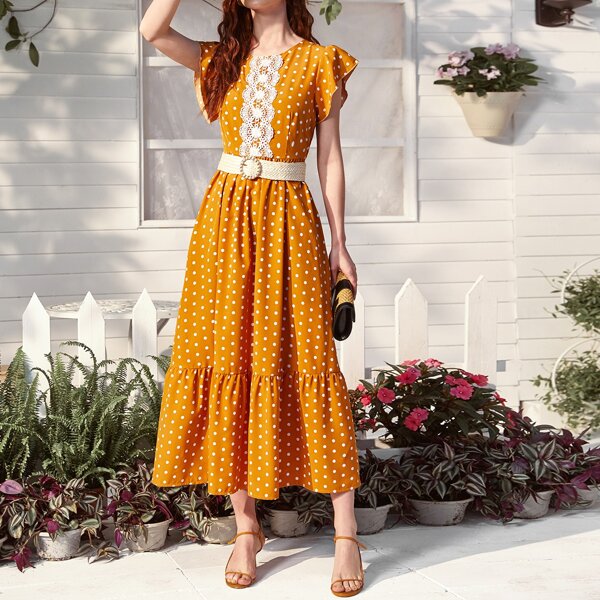 

Polka Dot Contrast Lace A-line Dress, Yellow