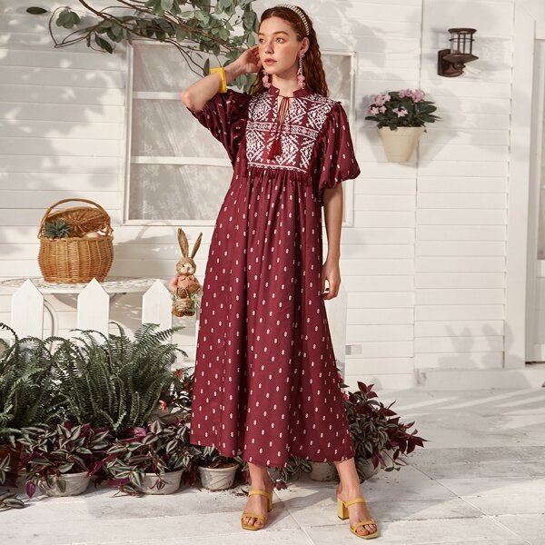 

Tassel Tie Tribal Print Smock Dress, Burgundy