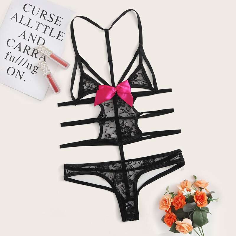 

Floral Lace Harness Teddy Bodysuit, Black