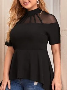 SHEIN Privé Top peplum asimétrico de malla fina de espalda con abertura de ojo - grande - Negro - Ver 3