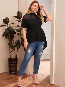 SHEIN Privé Top peplum asimétrico de malla fina de espalda con abertura de ojo - grande - Negro - Ver 4
