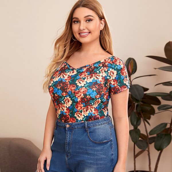 

Plus Floral Print Fitted Top, Multicolor