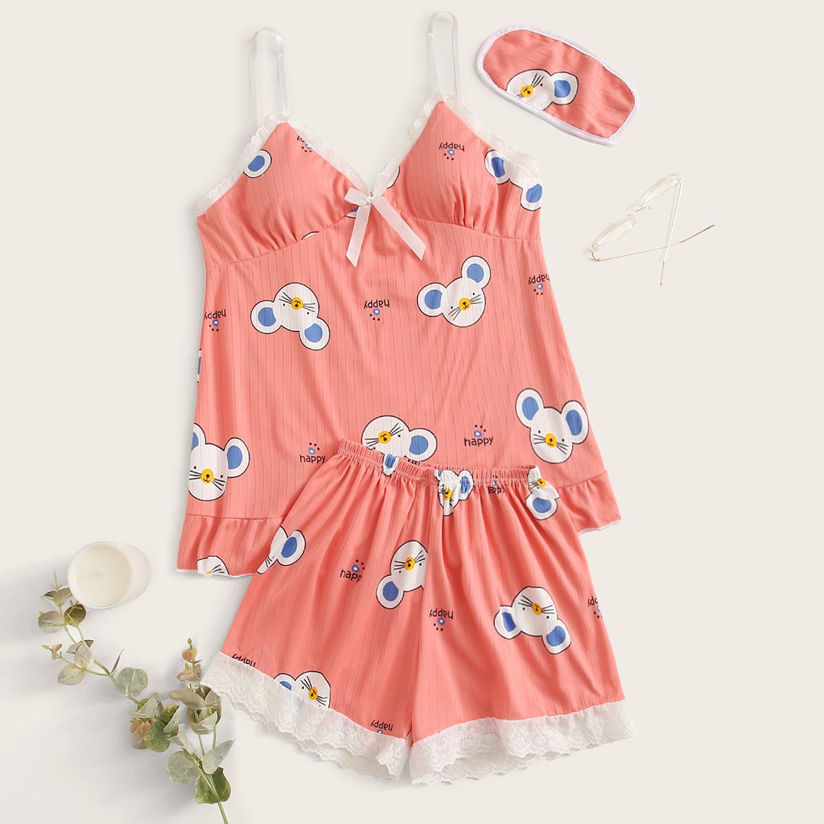 

Cartoon Lace Trim PJ Set With Eye Mask, Pink