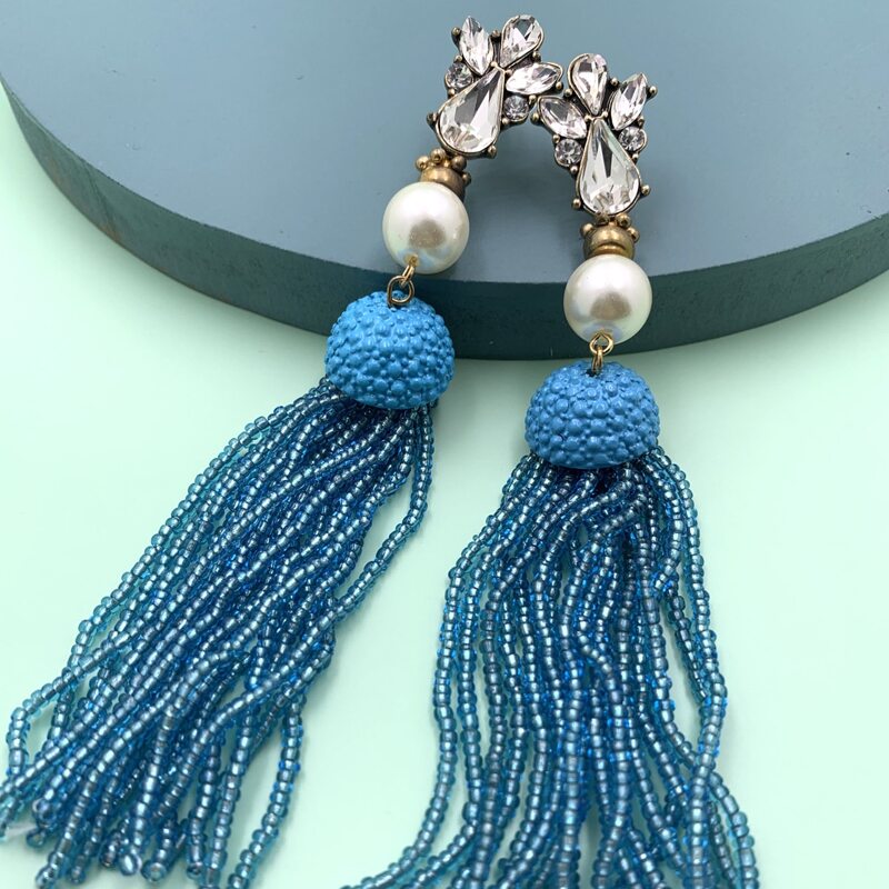 

1pair Gemstone Engraved Faux Pearl Decor Tassel Drop Earrings, Blue