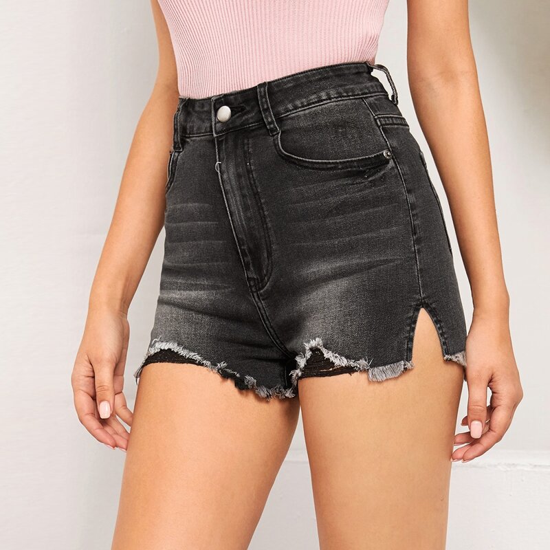 

Dark Wash Raw Hem Denim Shorts, Dark grey