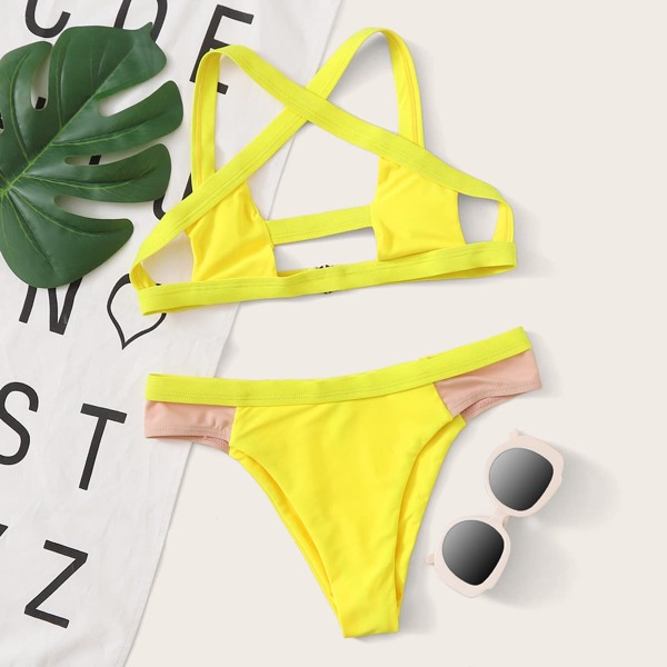 

Cut-out Criss Cross Bikini Swimsuit, Yellow