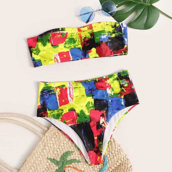 

Watercolor Bandeau High Waisted Bikini Swimsuit, Multicolor