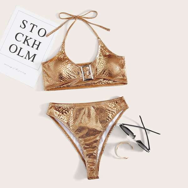 

Металлическое крокодиловое бикини с высокой талией, Золотистый