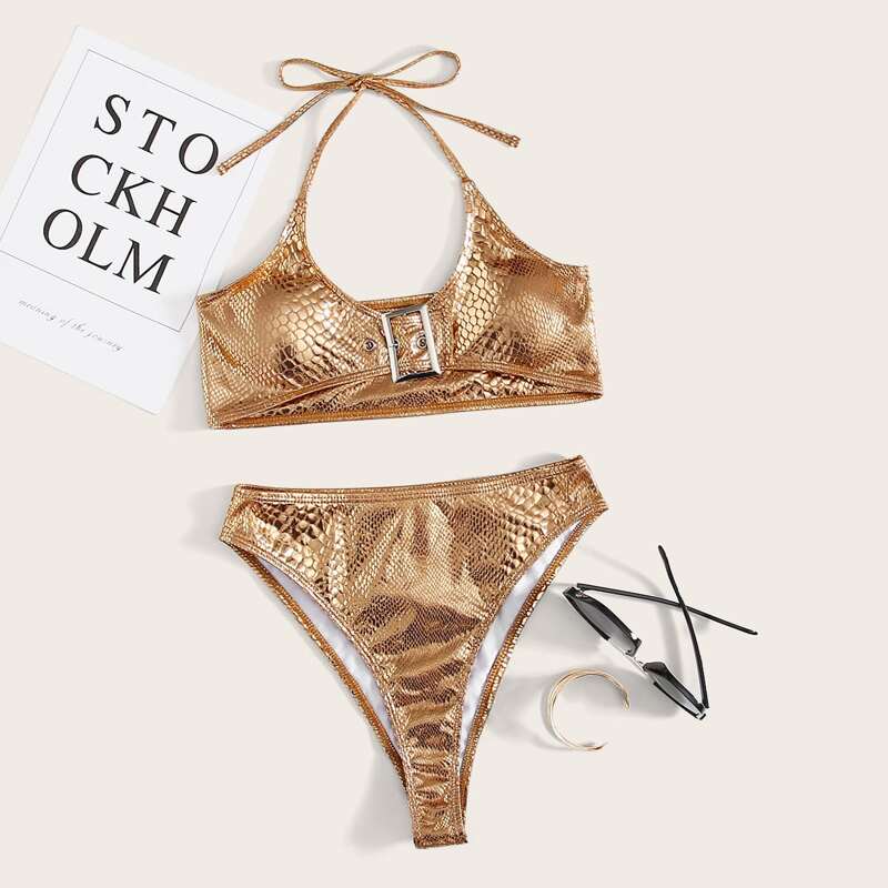 

Croc Metallic Halter High Waisted Bikini Swimsuit, Gold