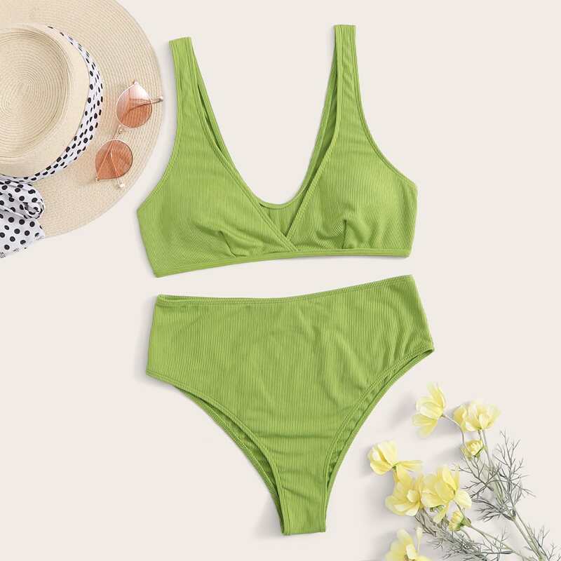 

Ribbed High Waist Bikini Swimsuit, Green