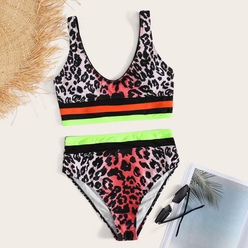 

Leopard High Waisted Bikini Swimsuit, Multicolor