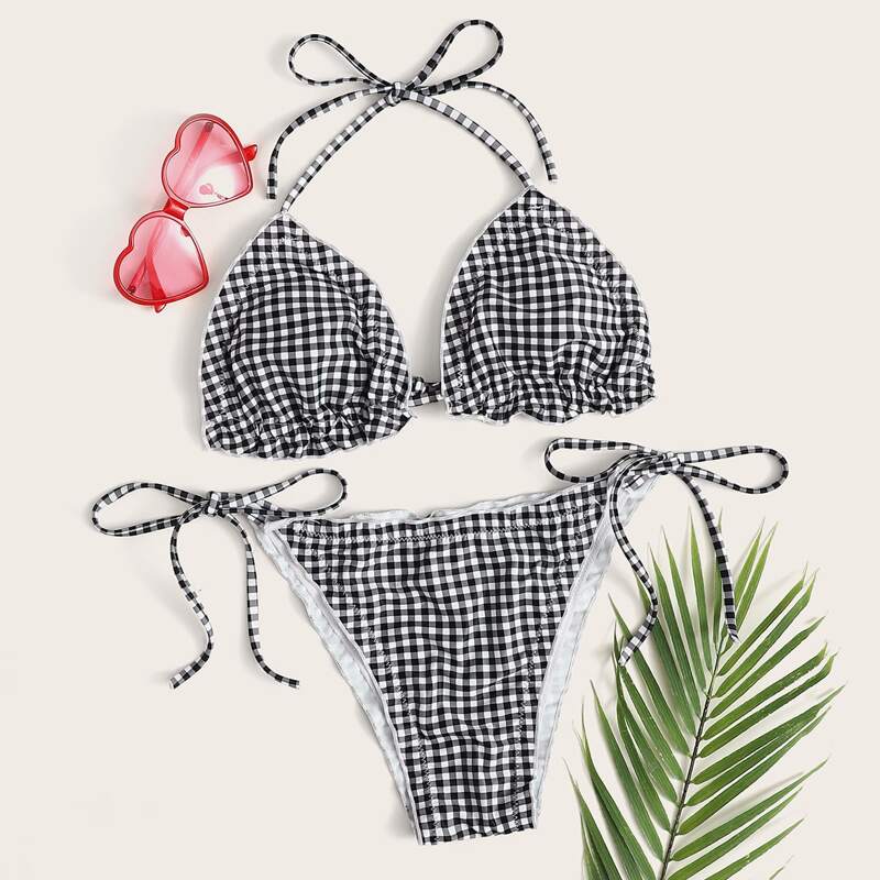 

Gingham Triangle Tie Side Bikini Swimsuit, Black and white