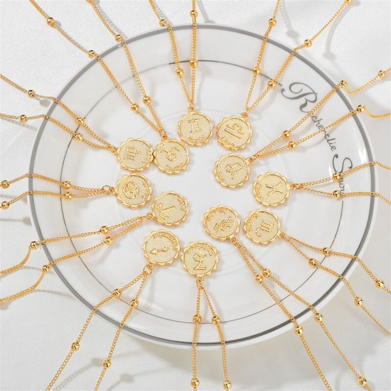 

12pcs Round Constellation Pendant Necklace, Gold